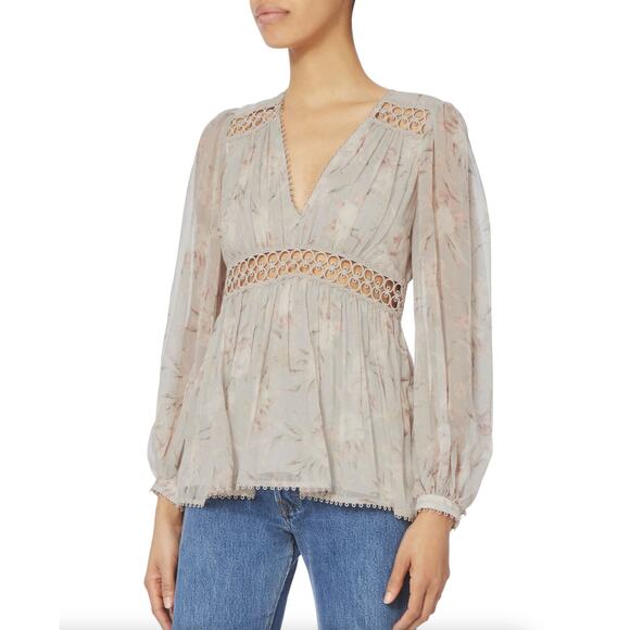 ZIMMERMANN Iris Floral Silk Blouse Pastel Blush Taupe Neutral Sz 1 / S {HH15} - Picture 2 of 11